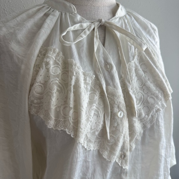 Gathered Long Sleeve Tie Neck Lace Trim Blouse - Picture 3 of 10